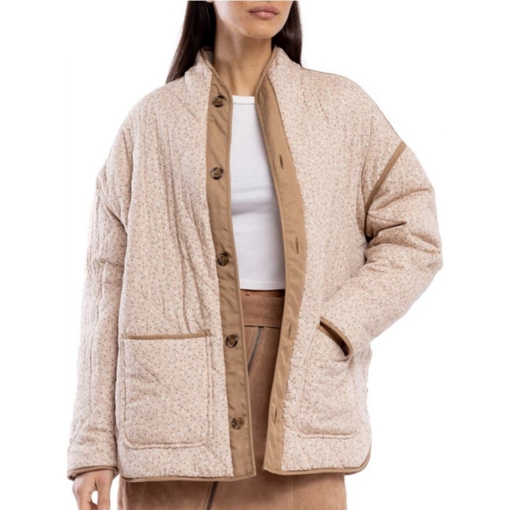 BLANK NYC Reversible Quilted Puffy Jacket Button Coat Cream Neutral Floral Print - Picture 3 of 11